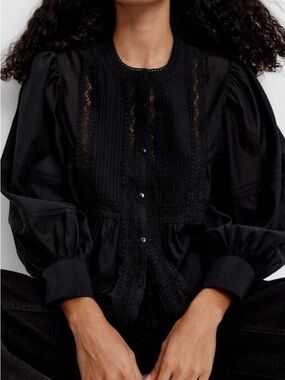 H&M Black Lace Trim Button-Up Top